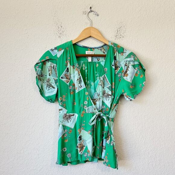 MEADOW RUE ANTHROPOLOGIE Bon Voyage Wrap Blouse Green Floral SS Boho - Picture 1 of 12